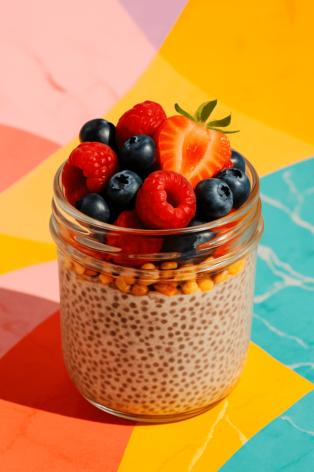 Chia pudding topped with granola, strawberries, raspberries and blueberries